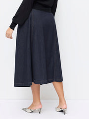 Stretch Denim Mid Rise A-line Belted Maxi Skirt Curve & Plus