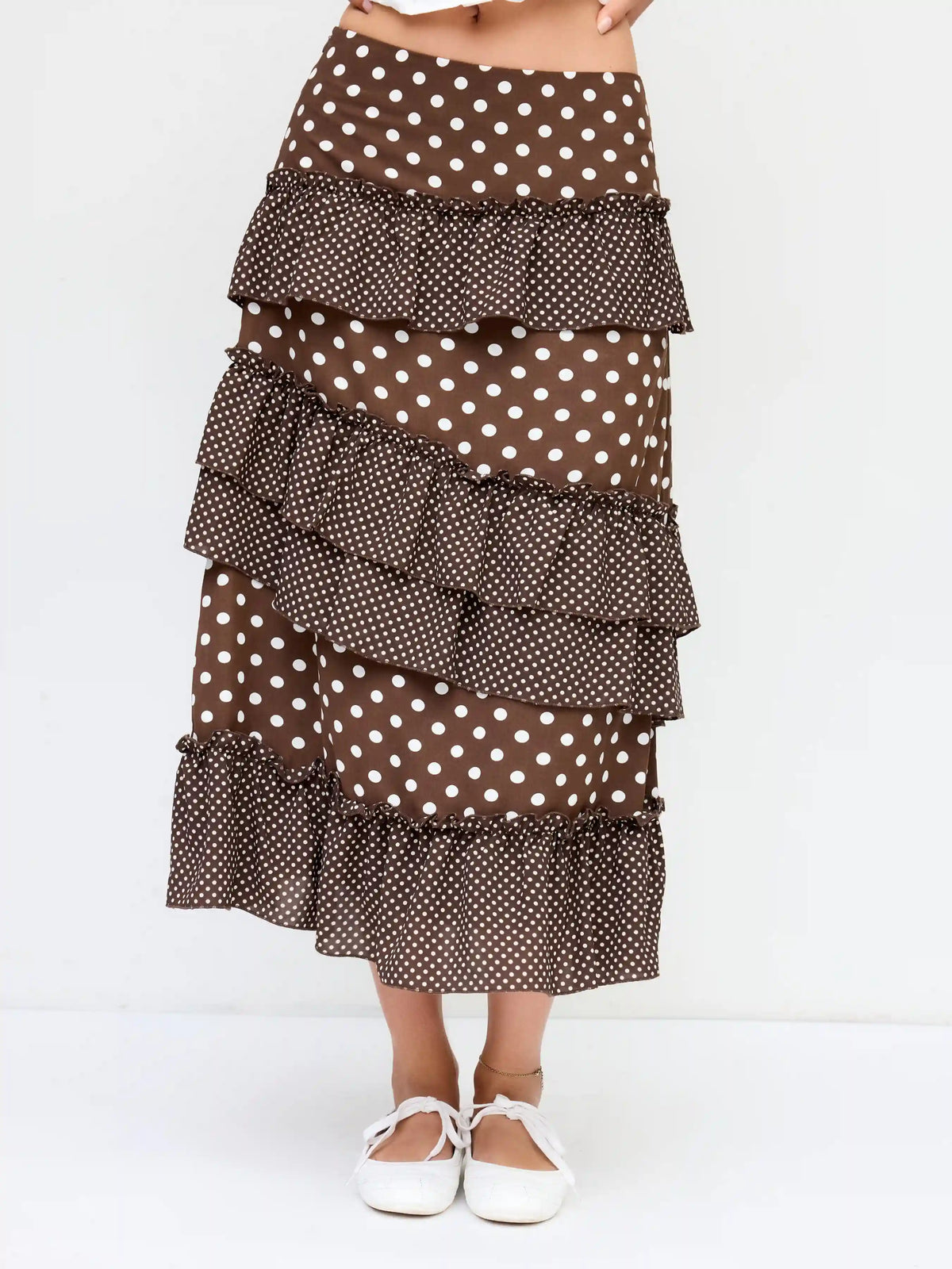 Mid Rise Polka Dot Lettuce Trim Layered Ruffle Hem Maxi Skirt
