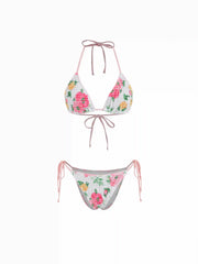 Halter Neckline Floral Triangle Backless Tie Side Bikini Set