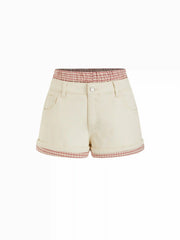 Washed Denim Mid Rise Gingham Contrast Binding Shorts