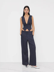 V-neck Stripe Button Tank Top & Mid Rise Pocket Straight Leg Trousers Set