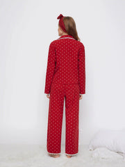 Cotton-blend Polka Dot Lace Trim Top & High Rise Bowknot Wide Leg Trousers Loungewear Set