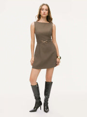 Boat Neck Metal Detail Zipper Mini Dress With Belt