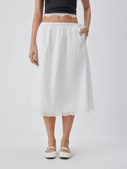 Cotton-blend Mid Rise Lace Trim A-line Maxi Skirt