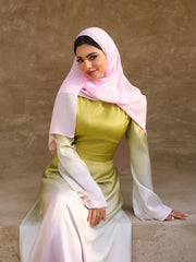 Satin Stand Collar Gradient Lace Up Bell Sleeve Flared Maxi Dress