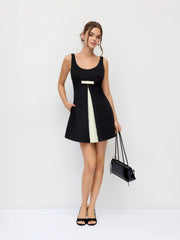 Scoop Neck Colorblock Bowknot A-line Mini Dress