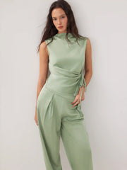 Satin Stand Collar Wraped Knotted Top & Mid Rise Bloomer Pants Set