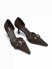 POINTED-TOE FAUX SUEDE BUCKLE HEELS