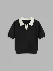 Knit Polo Contrasting Binding Short Sleeve Top