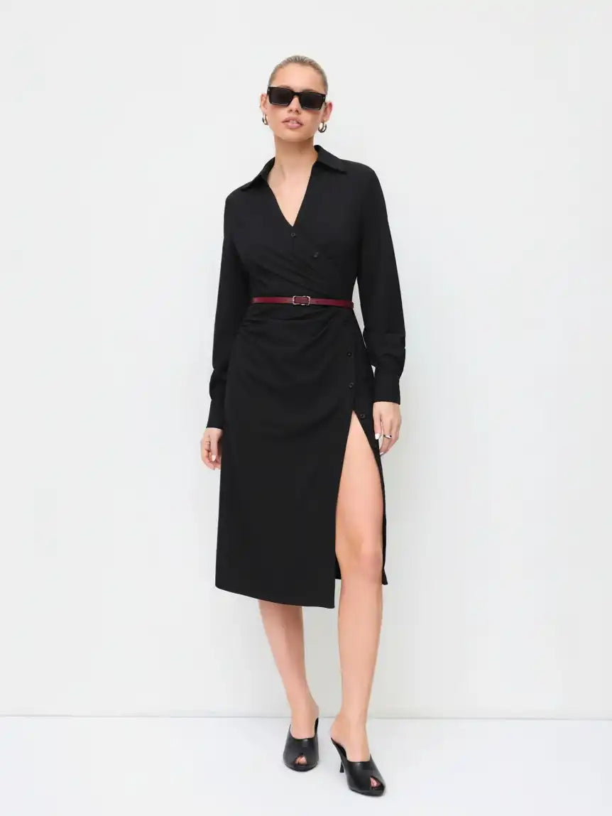 V-neck Split Ruched Long Sleeve Midi Dress