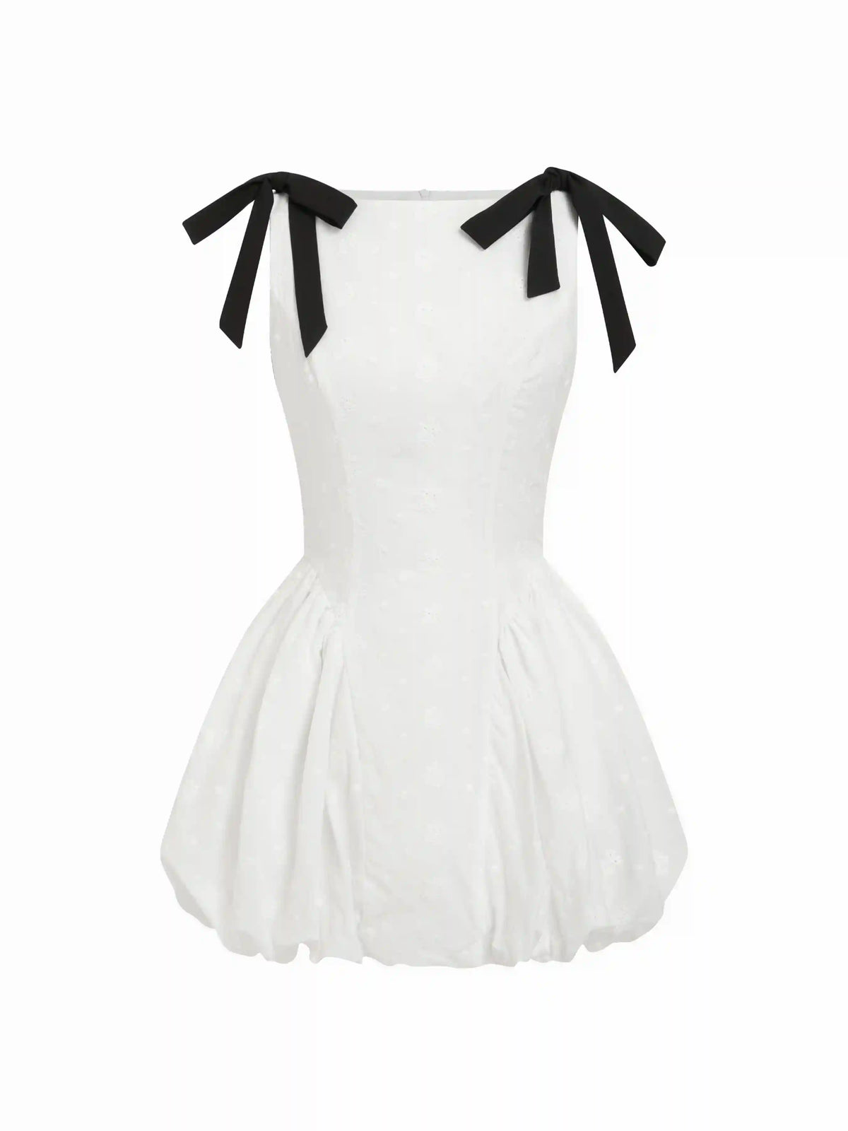 Cotton Boat Neck Embroidery Bowknot Ruched Bubble Mini Dress