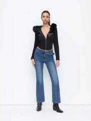 Stretch Cider Denim Low Rise Flared Jeans With Belt