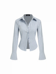 Cotton-blend Collar Striped Button Bell Sleeve Shirt