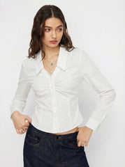 Cotton-blend Collar Cinched Waist Long Sleeve Shirt