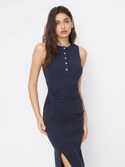 Cotton-blend Round Neckline Twist Side Split Maxi Dress
