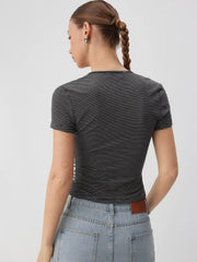 Striped Square Neck Ruched Short Sleeve Top