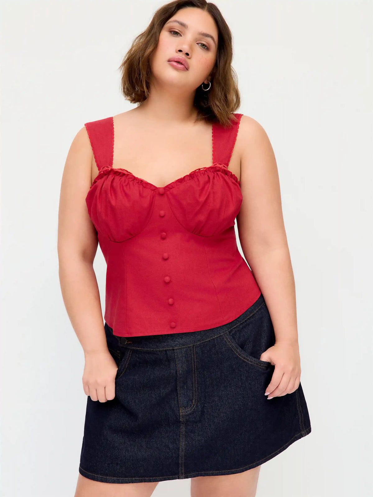 Linen-blend Sweetheart Neck Ruffled Shirred Tank Blouse Curve & Plus