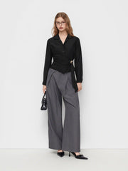 Collar Wrap Metal Detail Ruched Long Sleeve Shirt