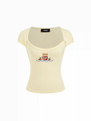 Cotton-blend Fruit Embroidery Bowknot Short Sleeve Tee