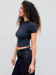 Round Neckline Pepper Embroidery Contrasting Binding Short Sleeve Tee