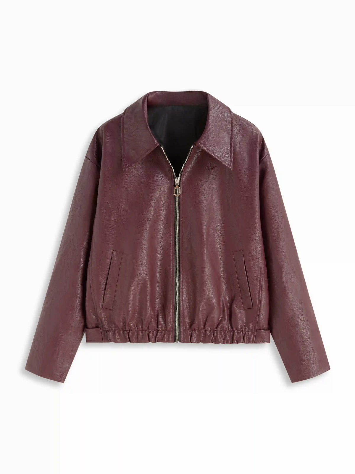 Faux Leather Collar Long Sleeve Zip Through Biker Jacket