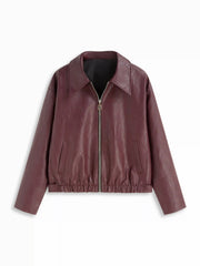 Faux Leather Collar Long Sleeve Zip Through Biker Jacket