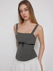 Square Neck Bowknot Lace Trim Crop Top