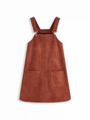 Suede Square Neck Buckle Up Pocket Mini Pinafore Dress