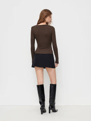 Asymmetrical Neck Long Sleeve Metal Detail Ruched Top