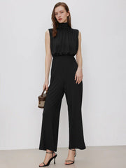 High Neck Solid Zipper Ruched Jumpsuit