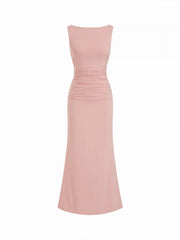 Boat Neck Ruched Pearl-Back Detail Maxi Dress