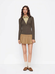 Cotton-blend Plaid Collar Long Sleeve Two Tone Top