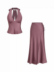 Satin Halter Top and Wrap Maxi Skirt Set