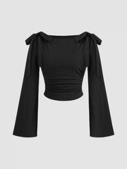 Boat Neck Bowknot Ruched Long Sleeve Top