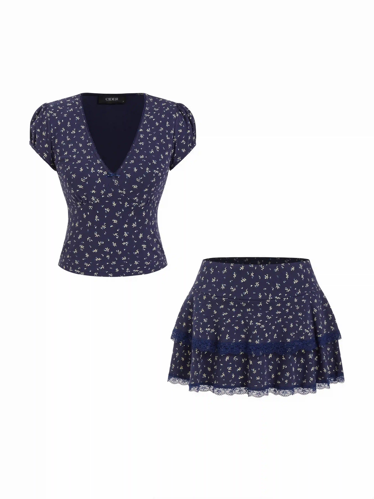 Cotton-blend Floral V-Neck Top & Low Rise Tiered Mini Skirt Set