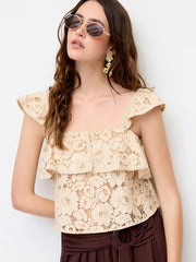 Cotton-blend Lace Square Neck Ruffled Crop Tank Blouse