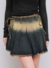 Denim Washed Raw Hem Pleated Knotted Mini Skirt