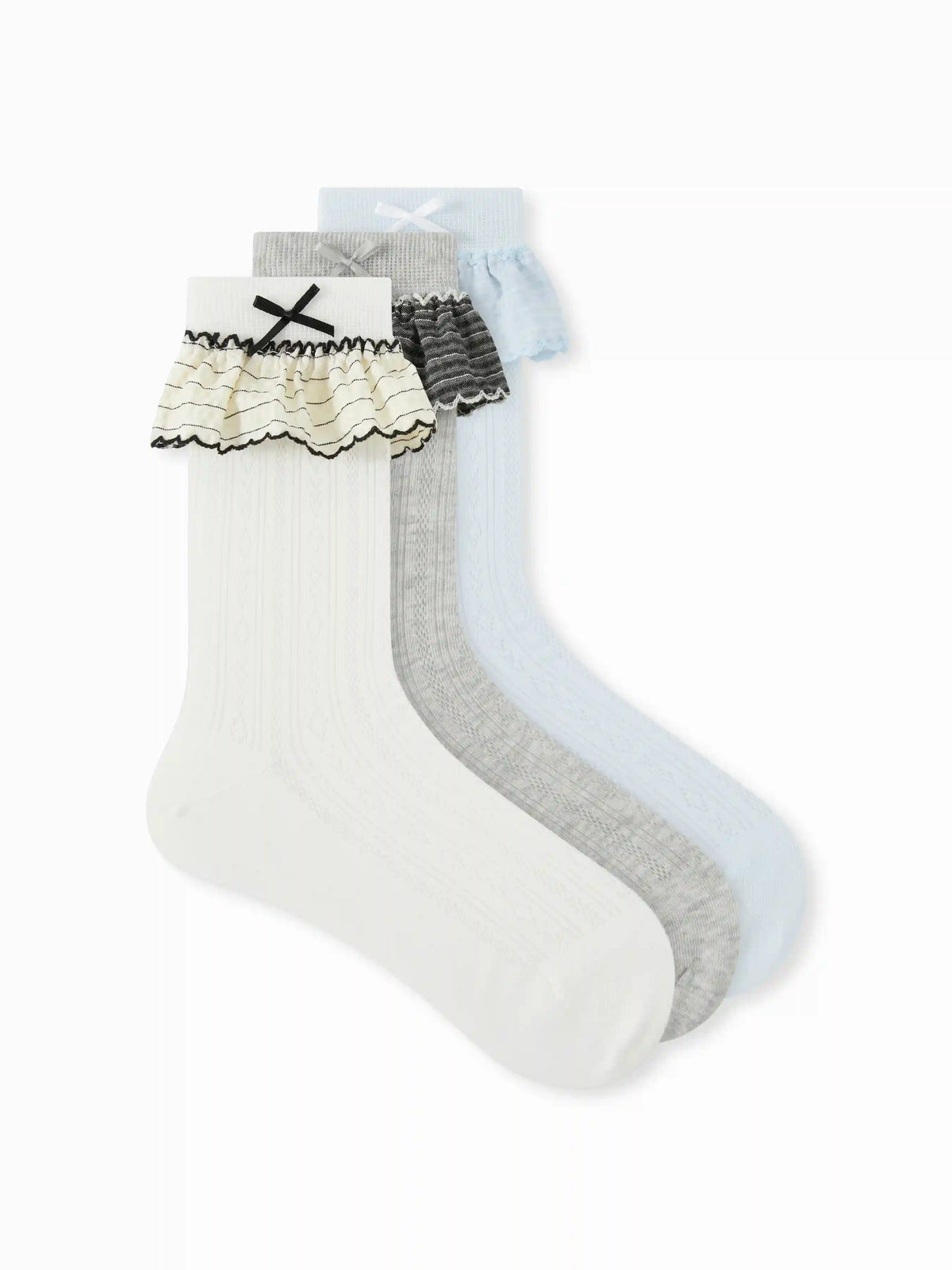3 PAIRS BOWKNOT & STRIPED TRIM CREW SOCKS SET