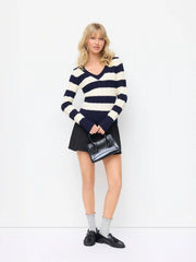 Cable Knit Stripe V-Neck Long Sleeve Top