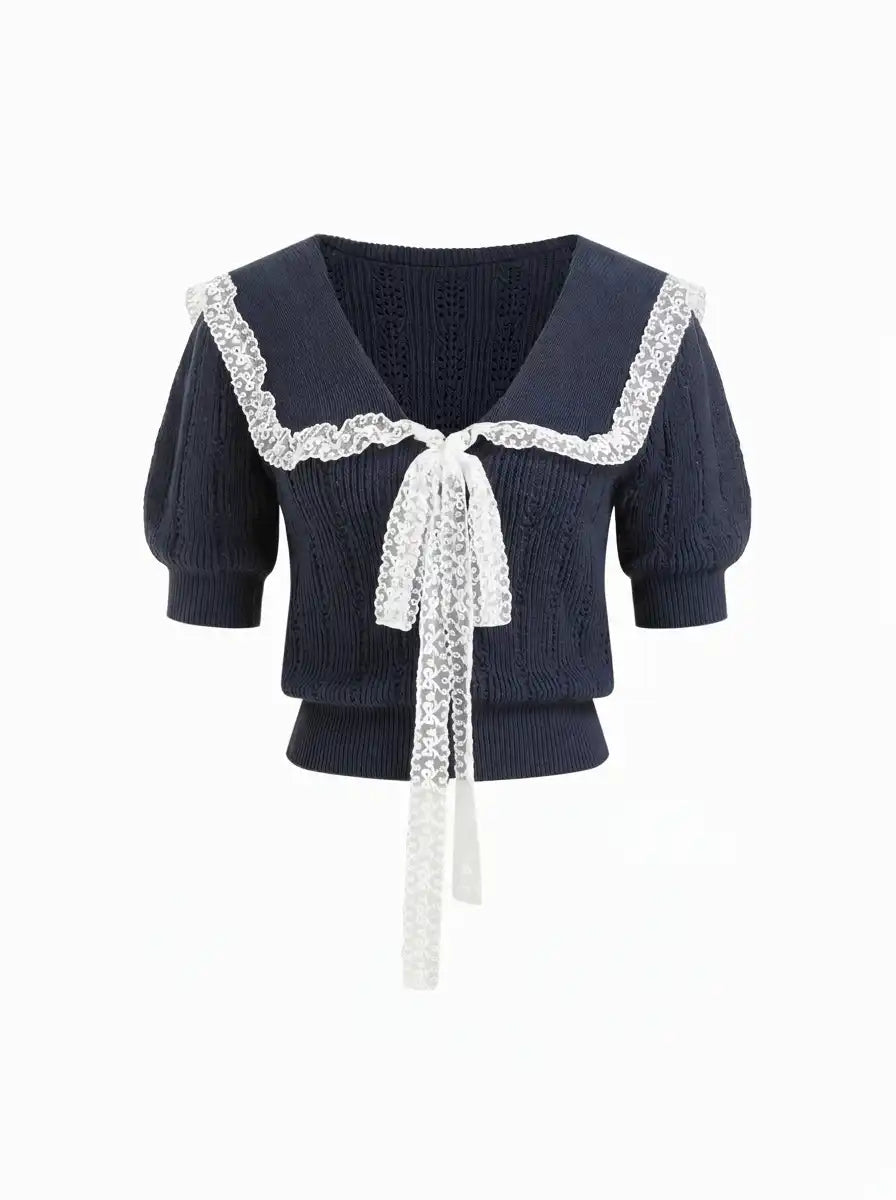 Knit Collar Short Sleeve Lace Top