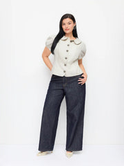 Cotton-blend Peter Pan Collar Puff Sleeve Blouse Curve & Plus