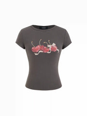 Cotton-blend Cherry Graphic Round Neckline Short Sleeve Top