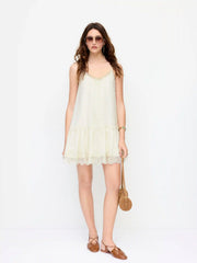 Chiffon Scoop Neck Lace Panel Ruffle Hem Straight Mini Dress