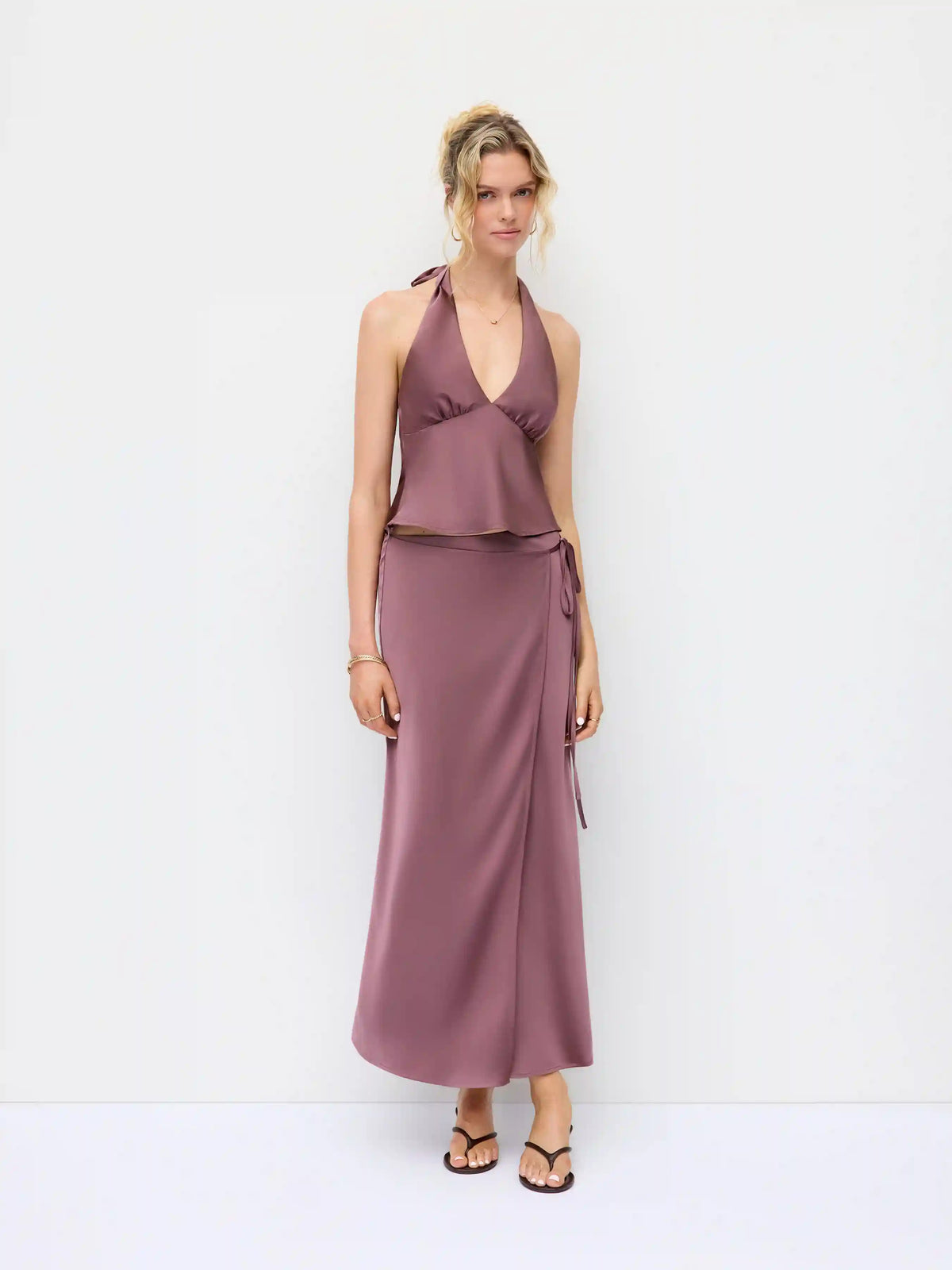 Satin Halter Top and Wrap Maxi Skirt Set