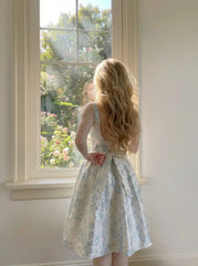 Jacquard Sculptural Square Neck Floral Bowknot Midi Dress
