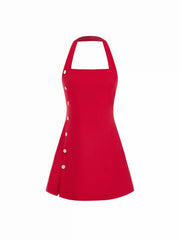 Linen-blend Halter Neck Asymmetrical Button Detail A-line Mini Dress