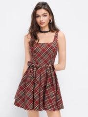 Cotton Scoop Neckline Plaid Bowknot Mini Dress