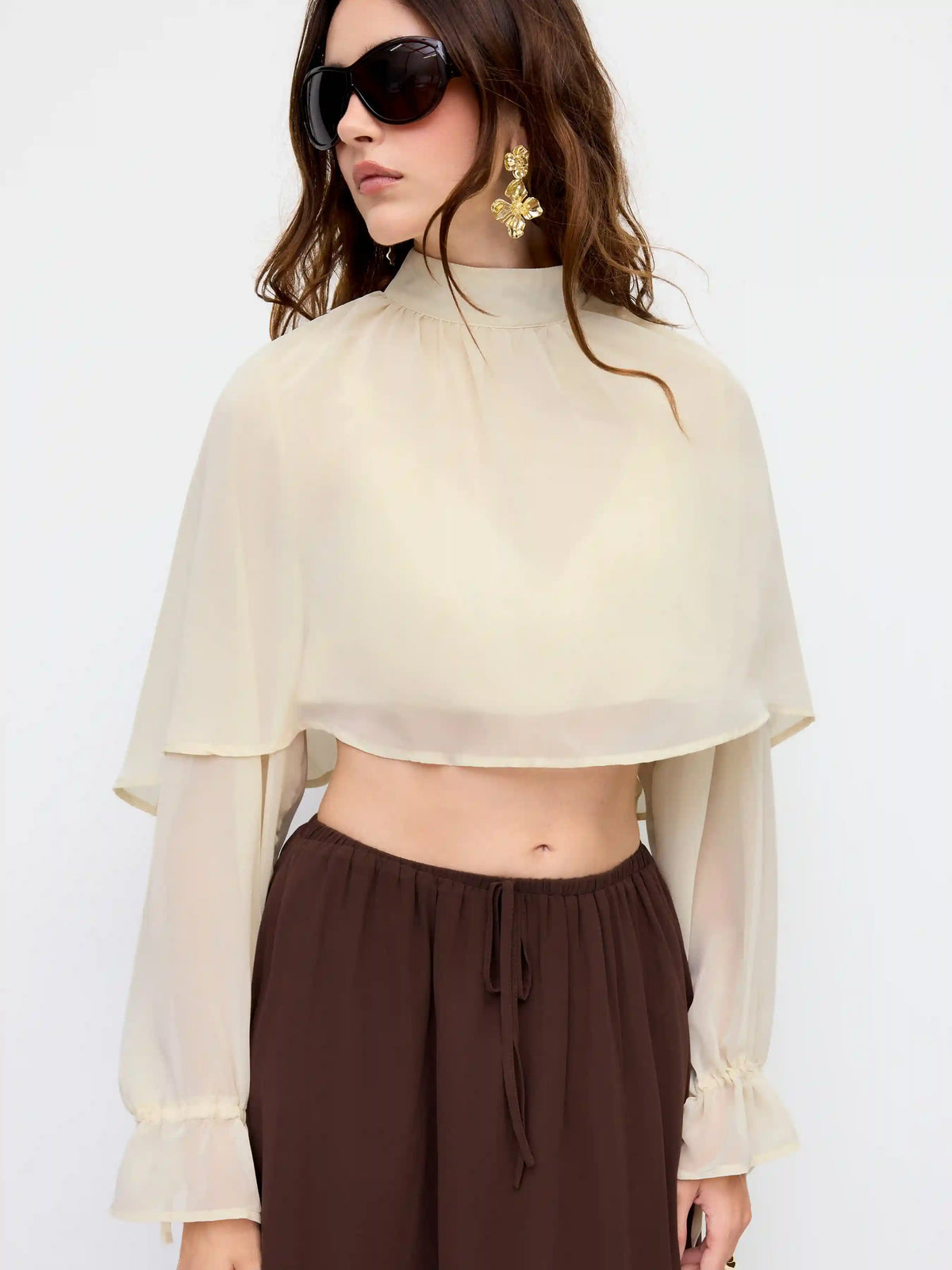 Chiffon Stand Collar Layered Ruffle Sleeve Sheer Crop Blouse