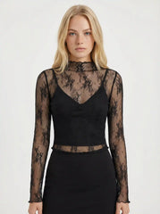 High Neck Lace Floral Blouse & Solid Crop Cami Top Set