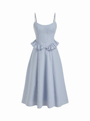 Cotton-blend Gingham Scoop Neck Ruffle Bowknot Flared Maxi Dress